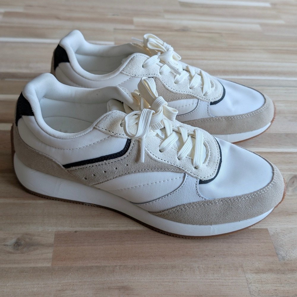 Freely Womens White Tan Suede Mixed Media Lace Up Athletic Shoes Size 8